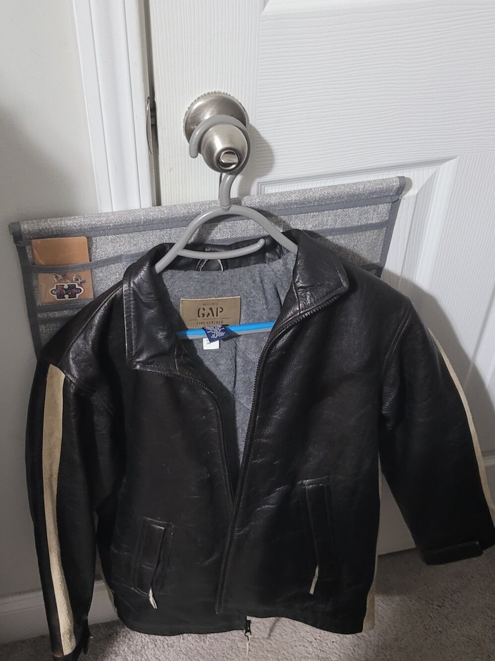GAP Black Leather Bomber Jacket with Cream Sleeve Stripes